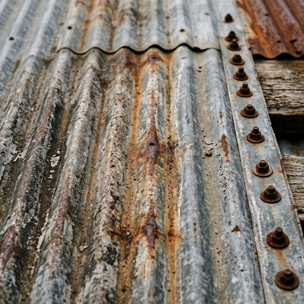 Rusty corrugated metal sheet with weathered bolts on wooden frame